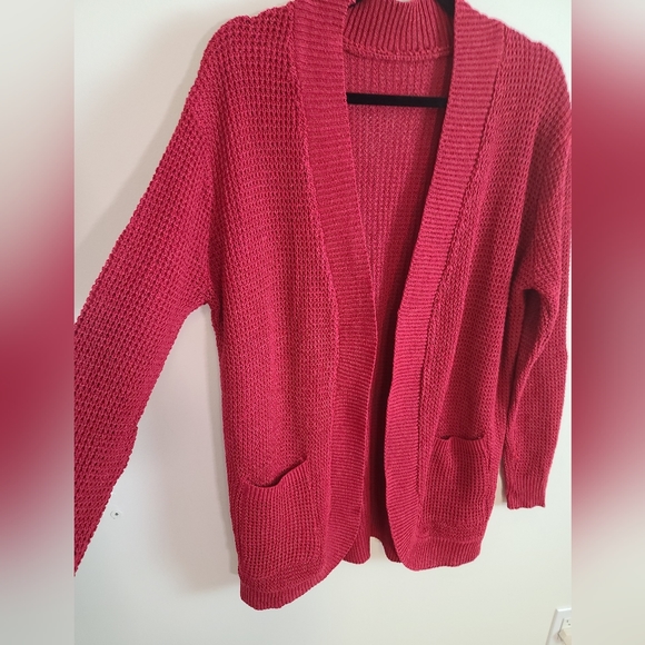 Burgundy Open Front Medium Weight Cardigan with Pockets - Picture 5 of 7